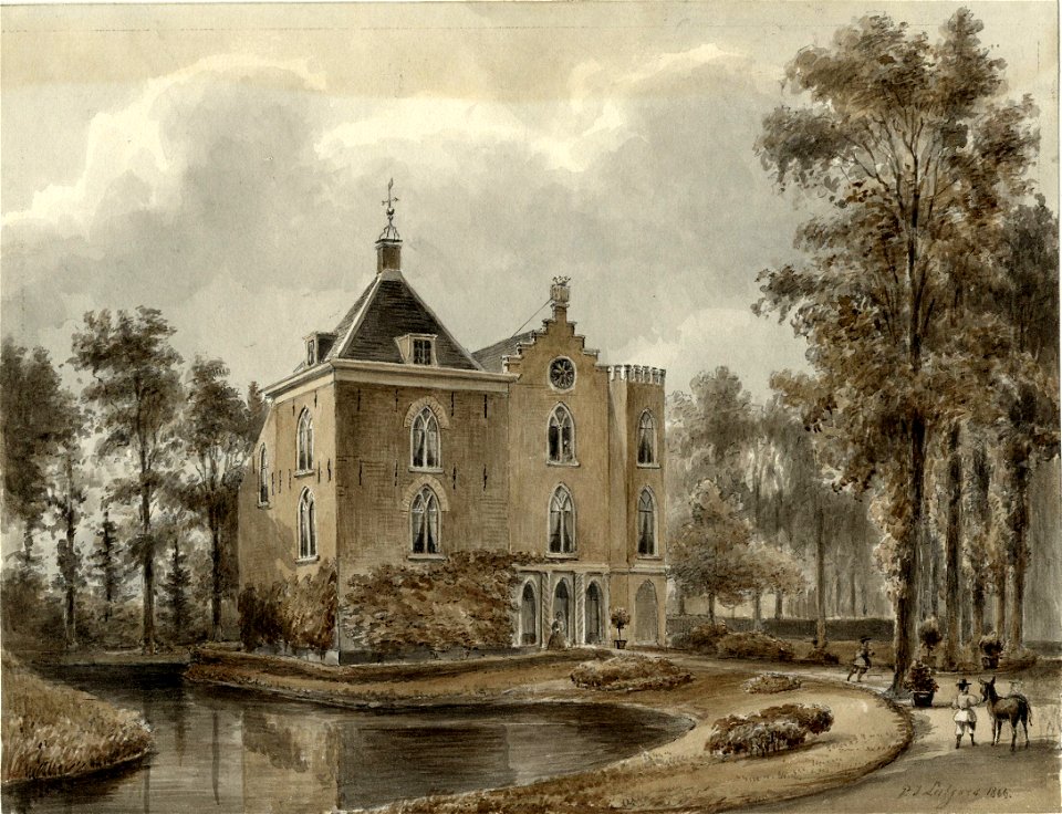 HUA-201453-Gezicht vanuit de tuin op de achtergevel van het huis Hinderstein te Nederlangbroek Dit kasteel heeft tegenwoordig het adres Langbroekerdijk A 115 te 