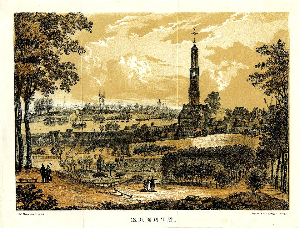 HUA-200126-Gezicht op Rhenen uit het noordoosten met op de achtergrond de Rijn en rechts de weg naar Arnhem