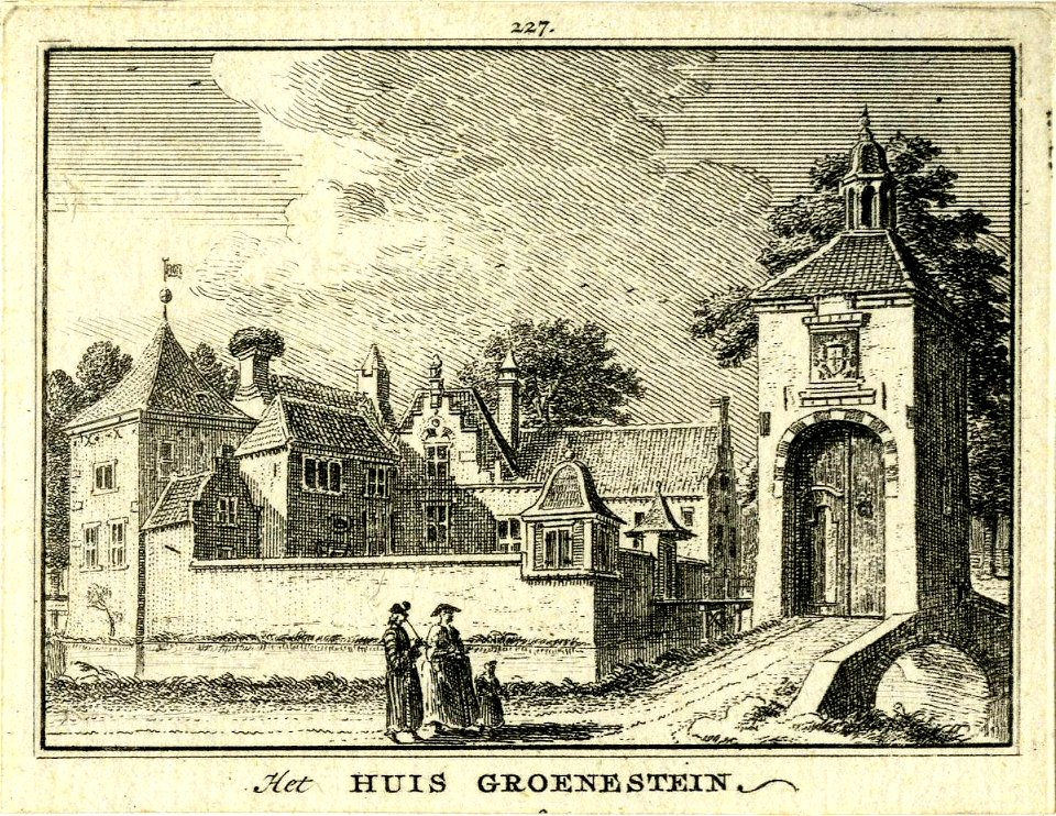 HUA-201268-Gezicht op het kasteel Groenestein te Nederlangbroek uit het zuiden met rechts het nog bestaande poortgebouwtje