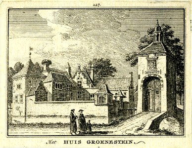 HUA-201268-Gezicht op het kasteel Groenestein te Nederlangbroek uit het zuiden met rechts het nog bestaande poortgebouwtje