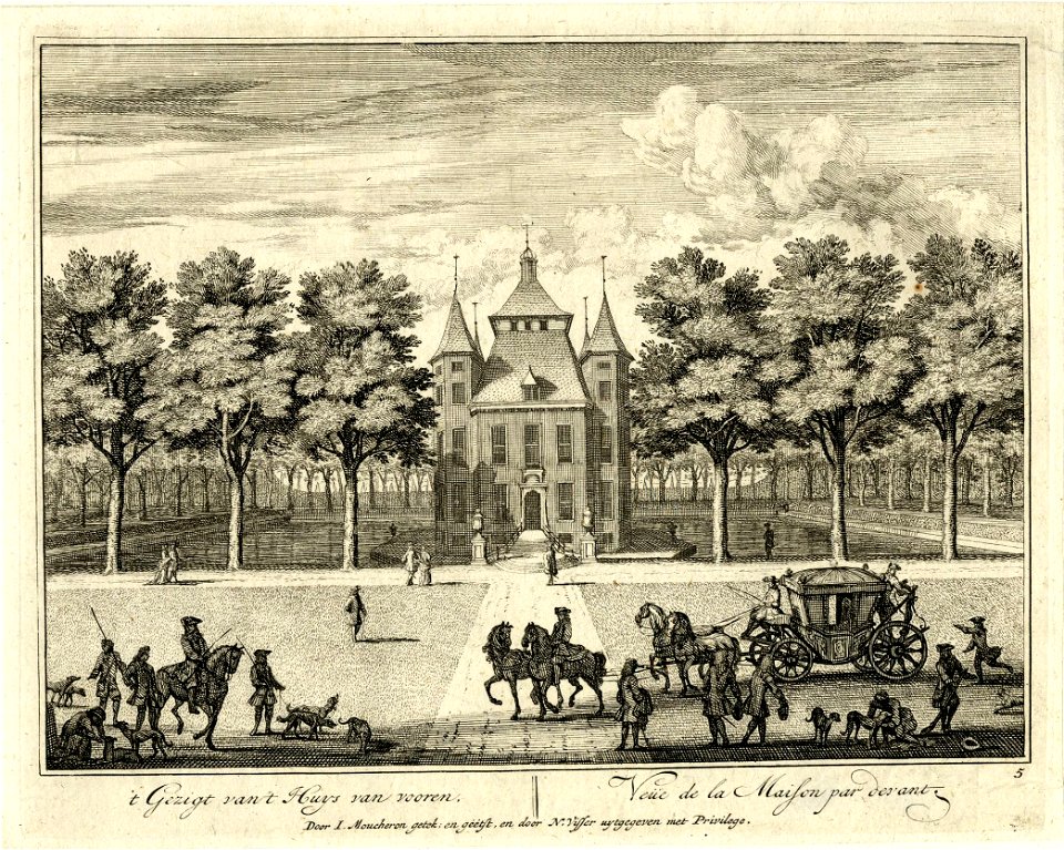 HUA-201391-Gezicht vanaf de koetshuizen op de voorgevel van het huis Heemstede te Houten temidden van de omringende gracht