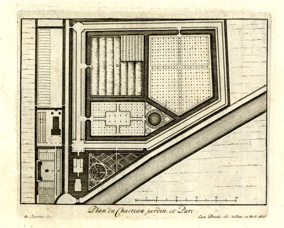 HUA-135936-Plattegrond van het terrein van de buitenplaats Gunterstein te Breukelen met linksonder het huis met het het voorplein linksmidden de boerderij en ver