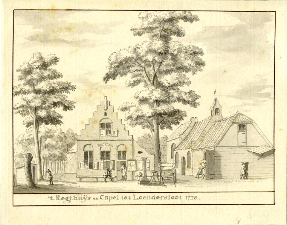 HUA-200666-Gezicht op het rechthuis en de kapel te Loenersloot uit het westen