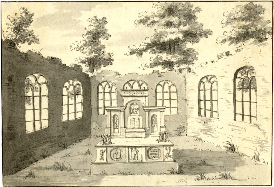 HUA-201303-Gezicht in de ruïne van de kapel van het kasteel De Haar bij Haarzuilens met op de voorgrond een marmeren altaarNB De gemeente Haarzuilens is per 1 ja