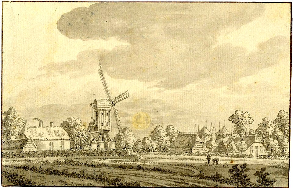 HUA-200473-Gezicht op het landschap bij Bunnik met links een huis en een houten standerdmolen en rechts een boerderij met een schuur en hooibergen