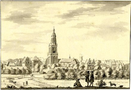 HUA-200099-Gezicht op Rhenen vanaf de Rijn uit het zuidwesten met de Cunerakerk en links daarvan het voormalige paleis van koning Frederik van de Palts