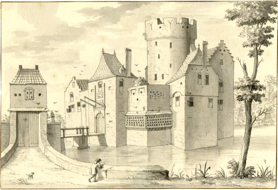 HUA-201514-Gezicht op het omgrachte kasteel Loenersloot uit het noordwesten met rechts het poortgebouwNB Dit kasteel heeft tegenwoordig het adres Rijksstraatweg 