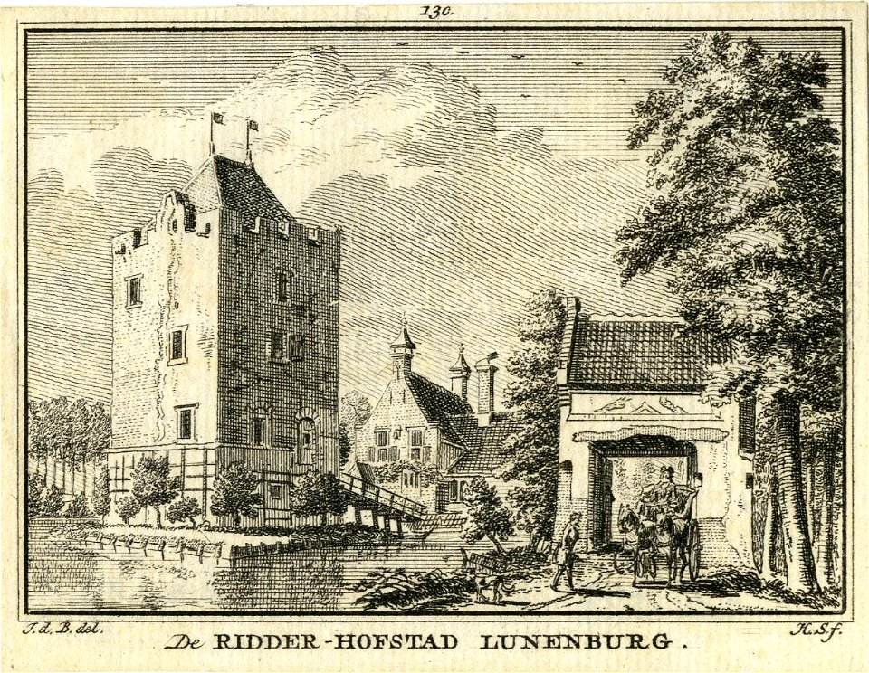 HUA-201528-Gezicht op de woontoren van het huis Lunenburg te Nederlangbroek restant van het middeleeuwse kasteel Lunenburg op de voorgrond het poortgebouw en op 