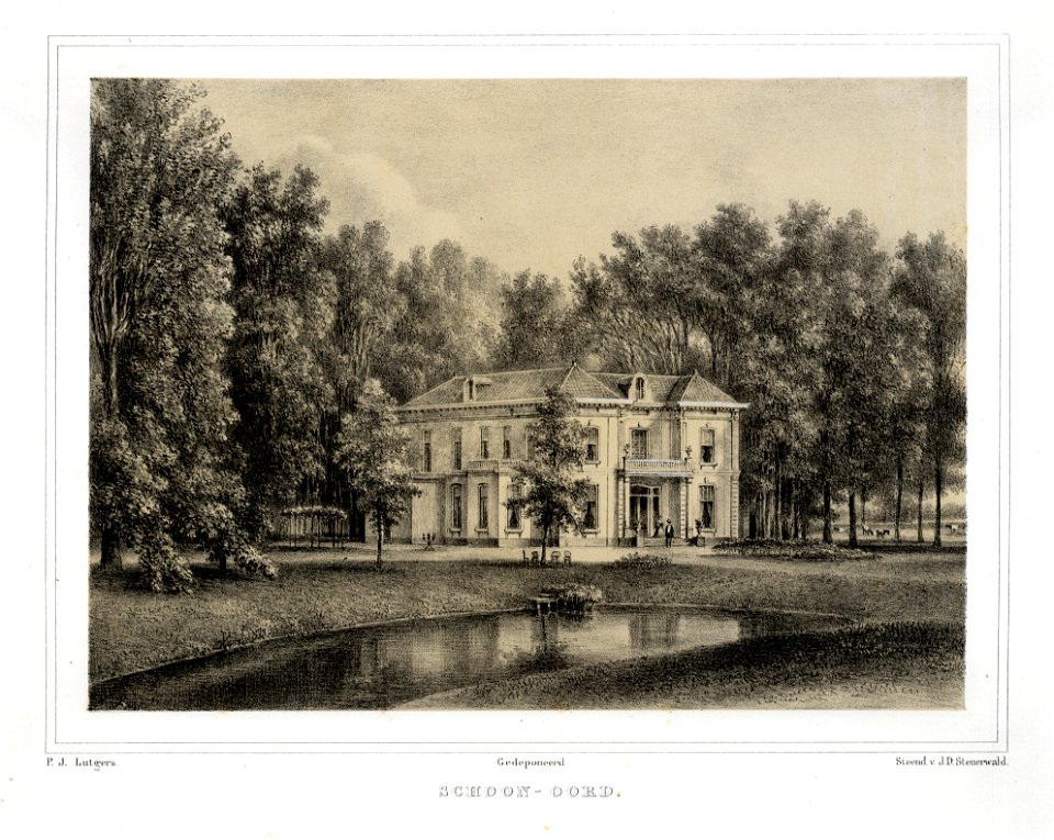 HUA-135903-Gezicht over de vijver op de zij en de voorgevel van het huis Schoonoord Postweg 18 te Doorn uit het zuiden