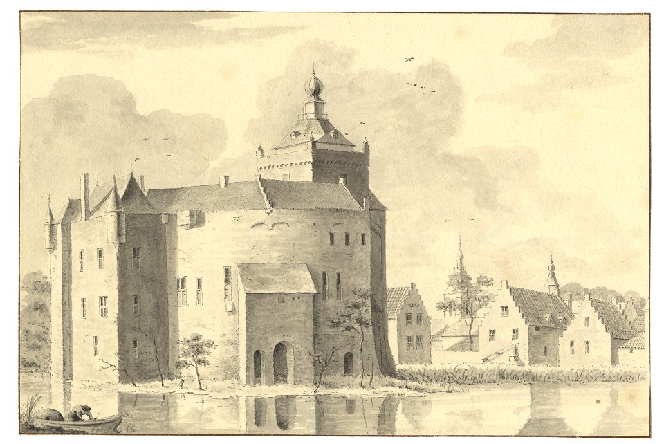 HUA-201594-Gezicht op het kasteel Montfoort te Montfoort uit het zuidoosten met op de achtergrond de voorburcht met een groot aantal gebouwen en achter de boom d