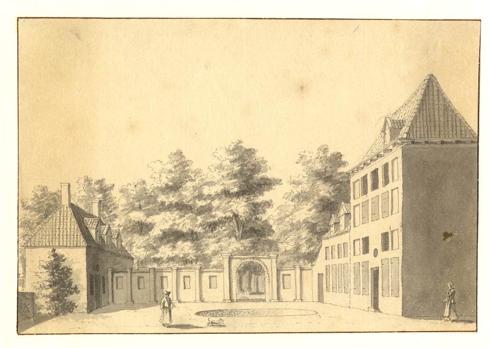 HUA-201792-Gezicht op de binnenplaats van het huis Randenbroek bij Amersfoort met rechts de voor en de zijgevel en links een bijgebouw