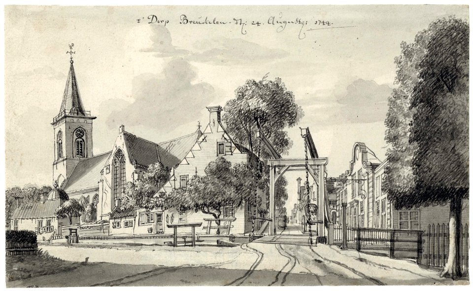 HUA-200453-Gezicht in Breukelen met de Nederlands Hervormde kerk vanuit het zuidoosten In het midden de ophaalbrug over de Kerkvaart Danne en daarachter de Heren