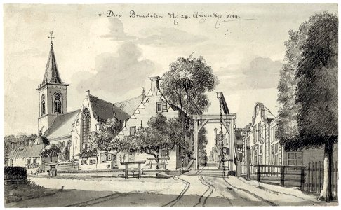HUA-200453-Gezicht in Breukelen met de Nederlands Hervormde kerk vanuit het zuidoosten In het midden de ophaalbrug over de Kerkvaart Danne en daarachter de Heren