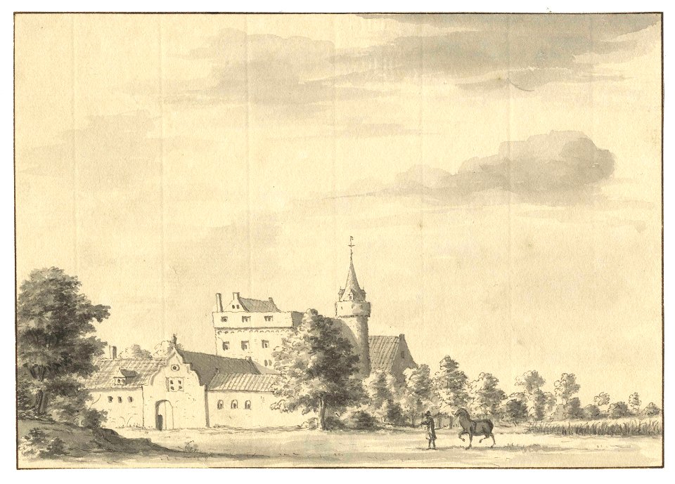HUA-201646-Gezicht op een kasteel met een hoge ronde toren en bijgebouwen