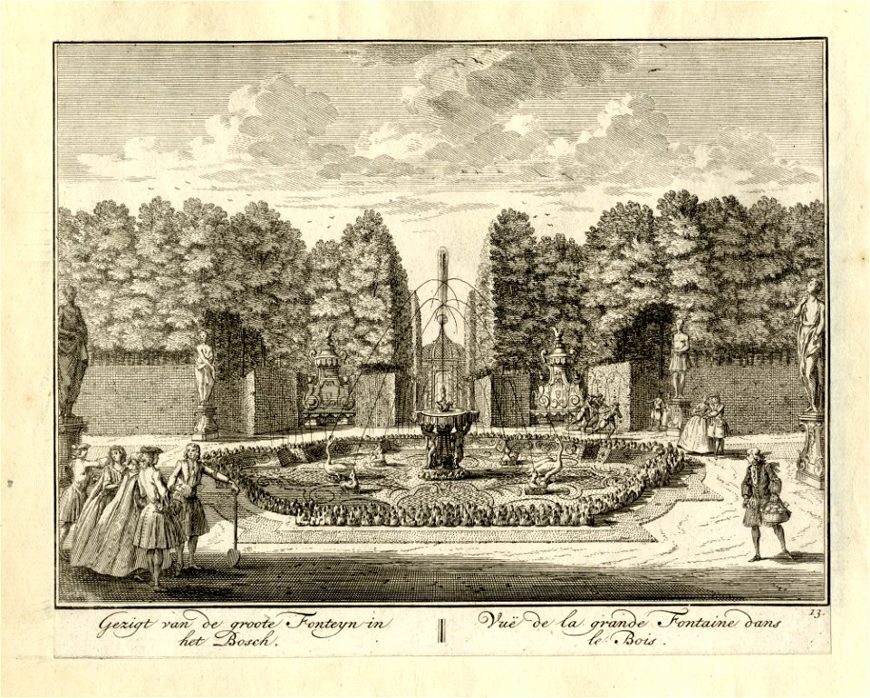 HUA-135988-Gezicht op de Grote Fontein in de tuin van de buitenplaats Ter Meer te Maarssen met op de achtergrond het Cabinet latwerkpaviljoen 