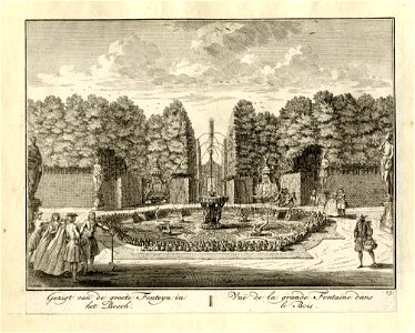 HUA-135988-Gezicht op de Grote Fontein in de tuin van de buitenplaats Ter Meer te Maarssen met op de achtergrond het Cabinet latwerkpaviljoen 