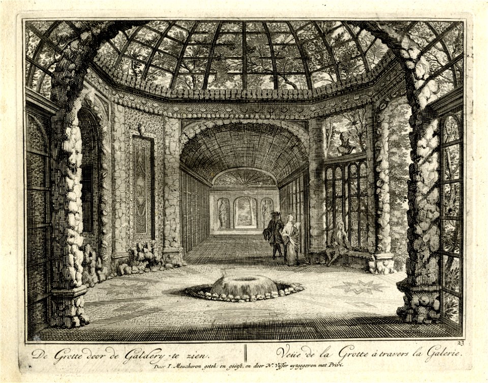 HUA-135972-Gezicht in een loofgang van latwerk in de tuin van de buitenplaats Heemstede te Houten vanuit een met grotwerk gedecoreerd paviljoen