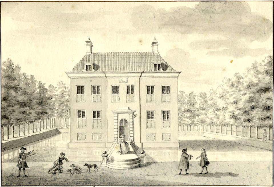 HUA-201496-Gezicht op de voorgevel van het omgrachte huis Leeuwenburgh Langbroekerdijk 39 te Driebergen uit het zuidwesten NB De gemeenten Driebergen en Rijsenbu
