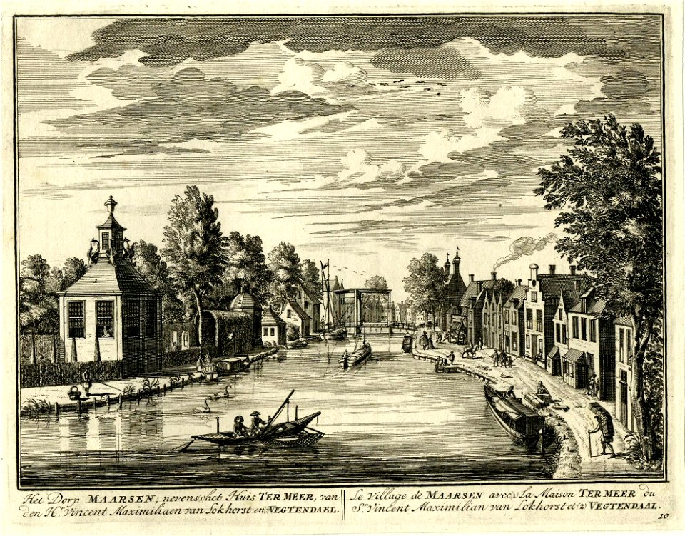 HUA-200722-Gezicht over de Vecht te Maarssen uit het zuiden met links de theekoepel van de buitenplaats Ter Meer en achter de loofgang van de buitenplaats Vegten