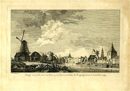 HUA-200028-Gezicht op de rivier de Eem in de richting van Amersfoort met bebouwing aan weerszijden met op de achtergrond de Koppelpoort uit het noordwesten