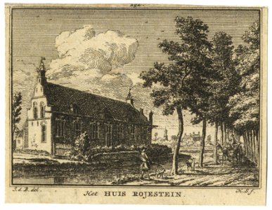 HUA-201802-Gezicht op de zij en de voorgevel van het huis Rhodestein bij AmerongenNB Het huis Rhodestein Royestein lag aan de Rijndijk tussen het kasteel Amerong