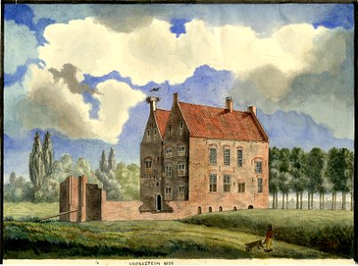 HUA-202008-Gezicht op de voor en de zijgevel van het huis Vronestein bij Jutphaas met links het restant van de toegang tot het ommuurde voorplein uit het noordwe