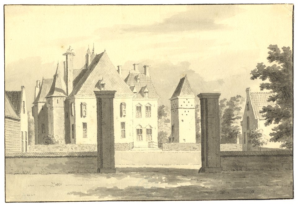 HUA-201583-Gezicht op de voorgevel van het kasteel Moersbergen bij Doorn met op de voorgrond de toegang tot het voorplein met de twee bouwhuizen