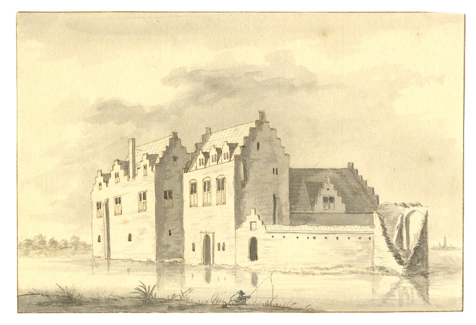 HUA-201686-Gezicht op het omgrachte kasteel Nijeveld bij Veldhuizen uit het noordoostenNB De gemeente Veldhuizen is per 1 januari 1954 opgenomen in de gemeente V