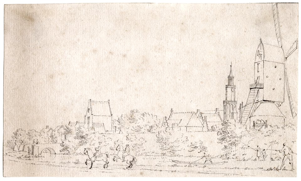 HUA-200242-Gezicht op Montfoort met de Willeskopperpoort de toren van de Janskerk en rechts vooraan de standerdmolen De Valk uit het zuidwesten