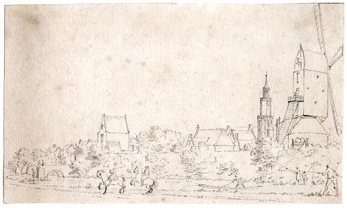 HUA-200242-Gezicht op Montfoort met de Willeskopperpoort de toren van de Janskerk en rechts vooraan de standerdmolen De Valk uit het zuidwesten