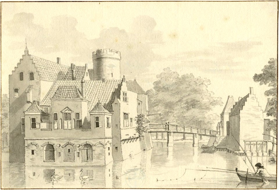 HUA-201516-Gezicht op het omgrachte kasteel Loenersloot uit het noordwesten met rechts het poortgebouwNB Dit kasteel heeft tegenwoordig het adres Rijksstraatweg 