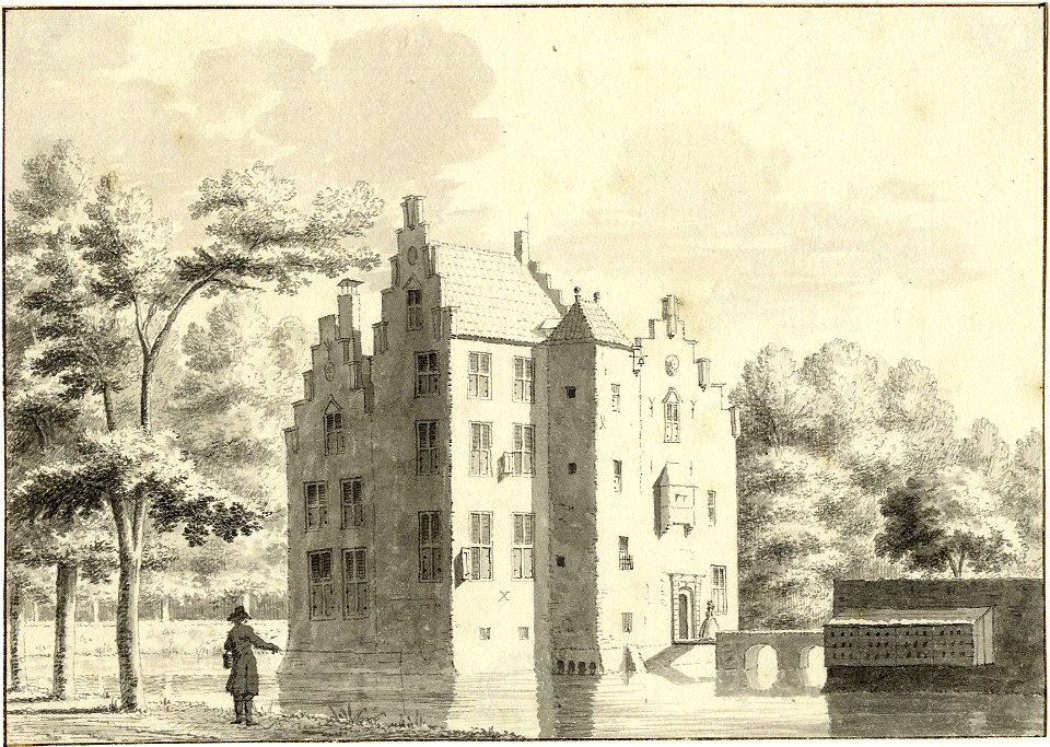 HUA-201882-Gezicht op het omgrachte kasteel Sandenburg te Nederlangbroek gemeente Langbroek uit het zuidoosten met rechts een gedeelte van de ommuurde voorburcht