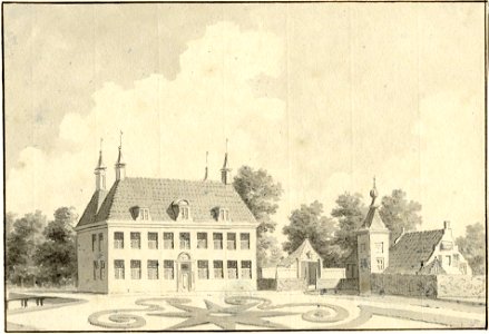 HUA-201139-Gezicht op de zij en voorgevel van het huis Broekhuizen bij Leersum met de tuin voor het huis en enkele bijgebouwen