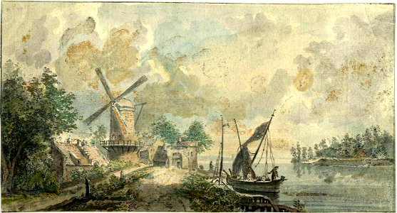 HUA-200208-Gezicht op de Lek en Wijk bij Duurstede met een korenmolen en de Vrouwenpoort