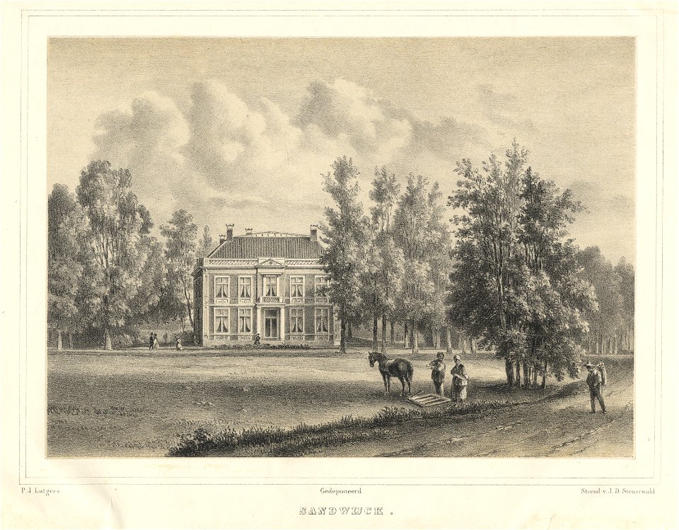 HUA-201932-Gezicht op de voorgevel van het huis Sandwijck Utrechtseweg 305 bij De Bilt met het omringende landschapspark