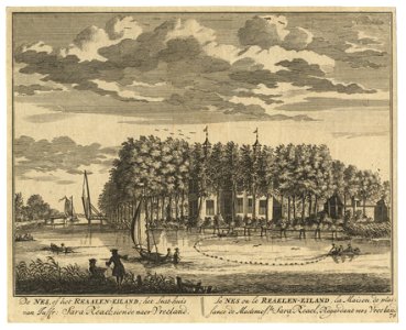HUA-201651-Gezicht over de Vecht in de richting van Vreeland met tussen de bomen het Realeneiland met de zij en de achtergevel van het huis De Nes