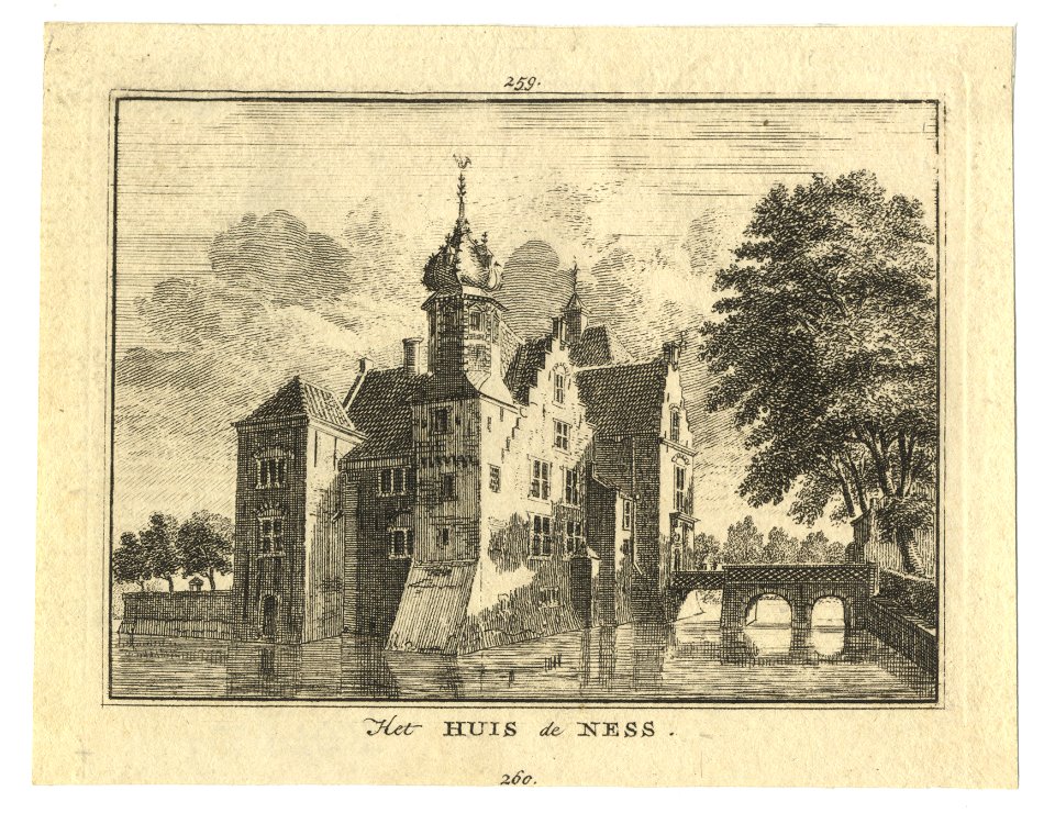 HUA-201654-Gezicht op het omgrachte huis Te Nesse bij Linschoten uit het zuidoosten met rechts de brug tussen het poortgebouw en de hoofdburcht