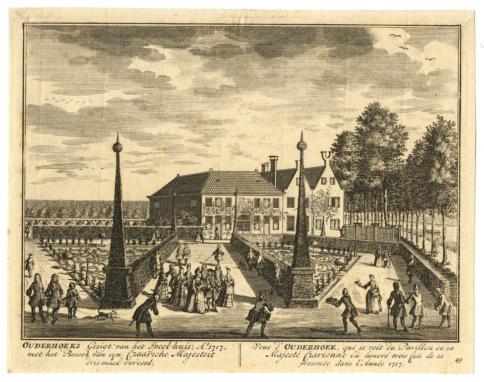 HUA-201744-Gezicht op de tuin en het huis Ouderhoek aan de Vecht bij Nieuwersluis tijdens het bezoek van Tsaar Peter de Grote en zijn gevolg in 1717