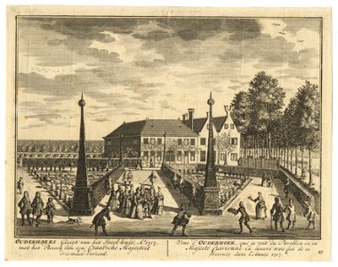 HUA-201744-Gezicht op de tuin en het huis Ouderhoek aan de Vecht bij Nieuwersluis tijdens het bezoek van Tsaar Peter de Grote en zijn gevolg in 1717