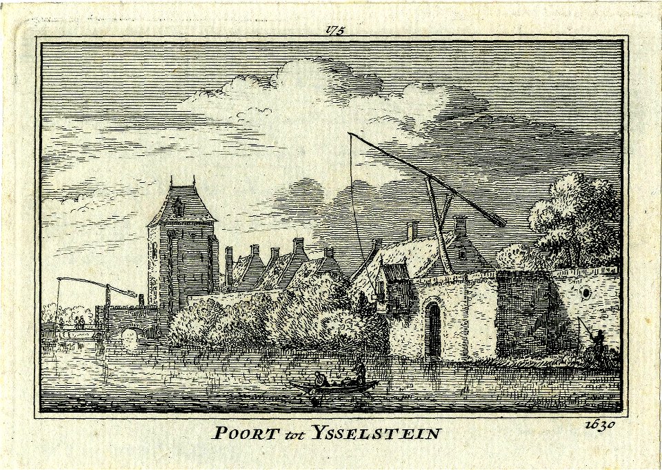 HUA-200261-Gezicht op de stadsmuur van IJsselstein met de Benschopperpoort en een hijskraan boven een waterpoortje uit het zuiden