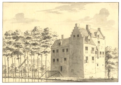 HUA-201815-Gezicht op het omgrachte kasteel Rhijnauwen bij Bunnik uit het oosten met op de voorgrond de dijk tussen de slotgracht en de Kromme Rijn en op de acht