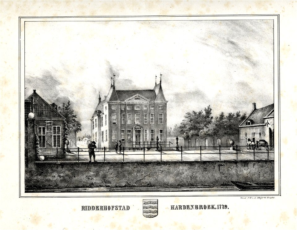 HUA-201369-Gezicht op het huis Hardenbroek bij Driebergen met zijn beide bouwhuizen uit het zuiden met op de achtergrond de geschoren hagen van de formele tuinNB