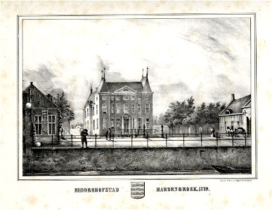 HUA-201369-Gezicht op het huis Hardenbroek bij Driebergen met zijn beide bouwhuizen uit het zuiden met op de achtergrond de geschoren hagen van de formele tuinNB