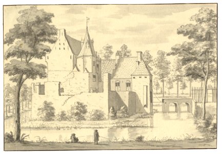 HUA-201814-Gezicht op het omgrachte kasteel Rhijnauwen te Bunnik uit het noorden met rechts de brug naar de voorburcht. Free illustration for personal and commercial use.