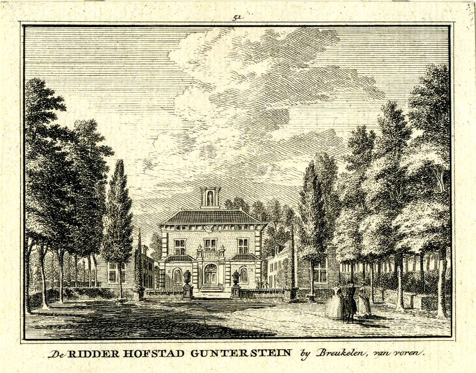 HUA-201285-Gezicht op de voorgevel en de beide bouwhuizen van het huis Gunterstein bij Breukelen uit het oosten