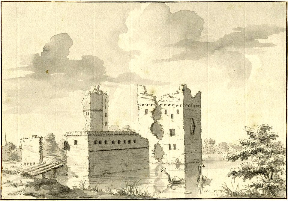 HUA-201019-Gezicht op de ruïne van het kasteel Aastein ook wel Huis ter Aa genoemd bij Ter Aa met links de voorburcht en rechts op de achtergrond de middeleeuwse