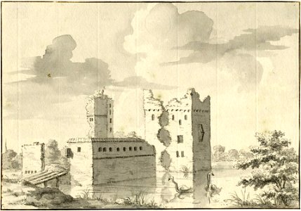 HUA-201019-Gezicht op de ruïne van het kasteel Aastein ook wel Huis ter Aa genoemd bij Ter Aa met links de voorburcht en rechts op de achtergrond de middeleeuwse