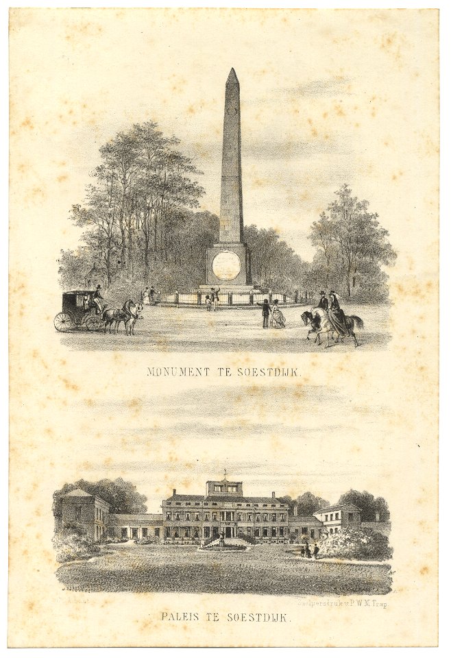 HUA-201910-boven Gezicht op de gedenknaald van Waterloo tegenover het paleis Soestdijk te Baarnonder Gezicht op de voorgevel van het paleis Soestdijk te Baarn