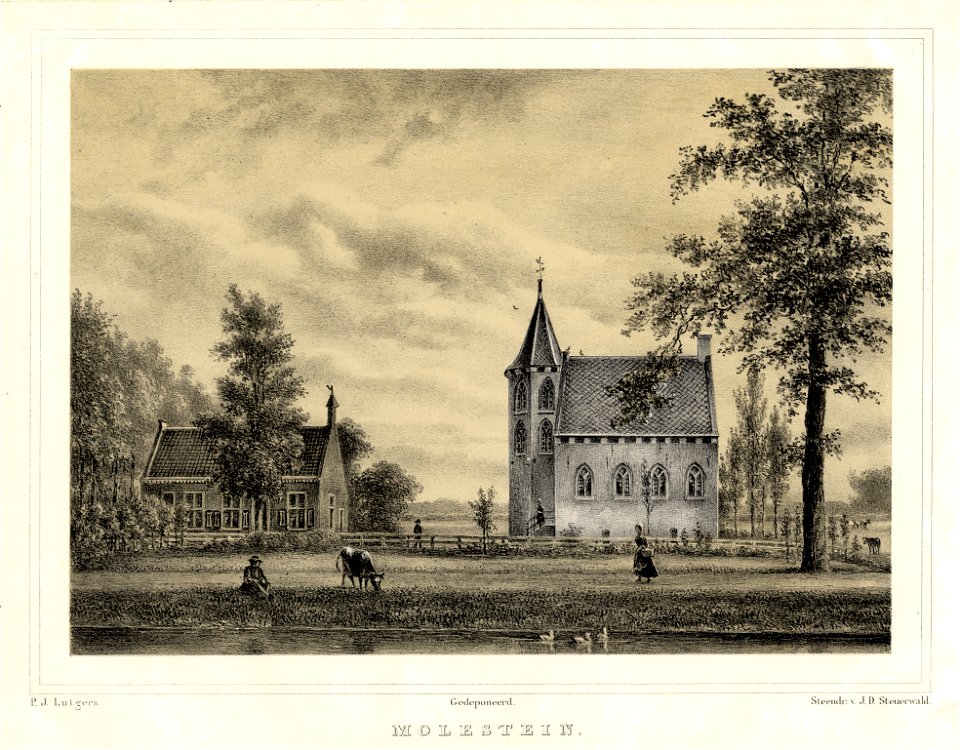 HUA-201536-Gezicht vanaf Leeuwenburgh over de Langbroekerwetering op de duiventoren Molenstein en het huis Langbroekerdijk 36 38 te Rijsenburg NB De gemeenten Dr