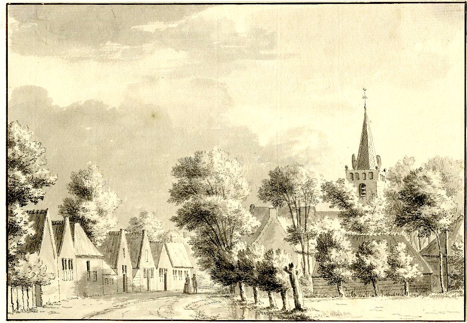 HUA-200376-Gezicht op een rij huizen en een boerderij aan de Kleiweg in het dorp Baambrugge met op de achtergrond de toren van de Nederlands Hervormde kerk